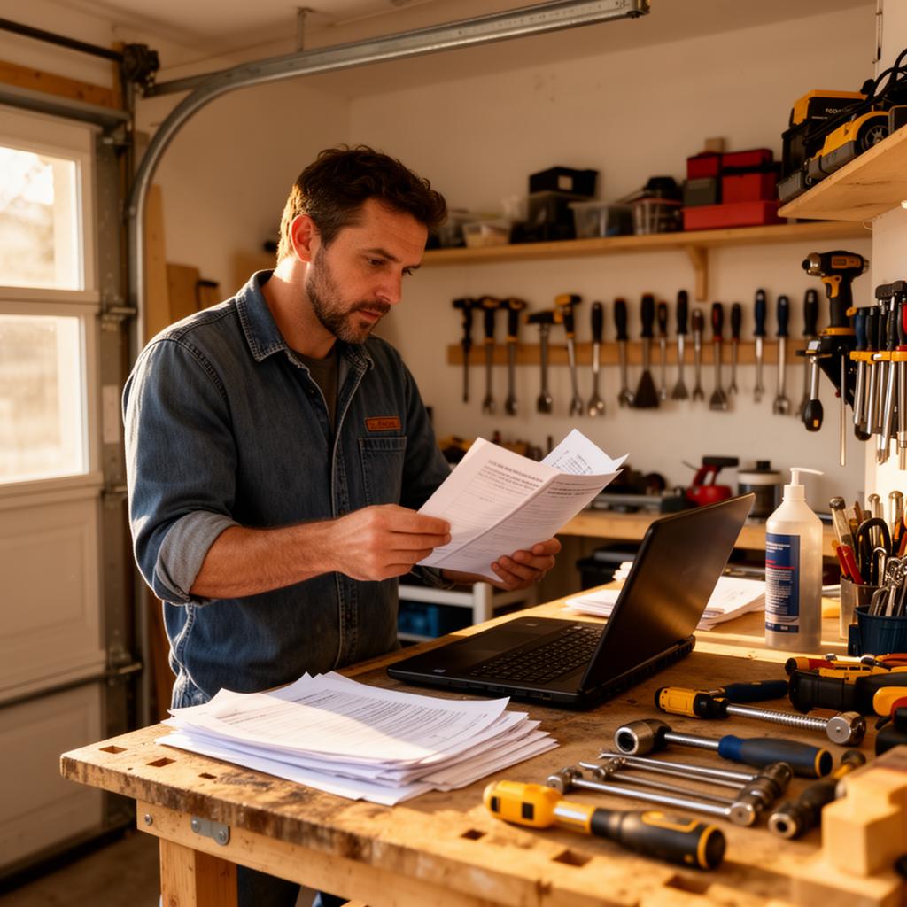 Contractor reviewing job paperwork at a workbench