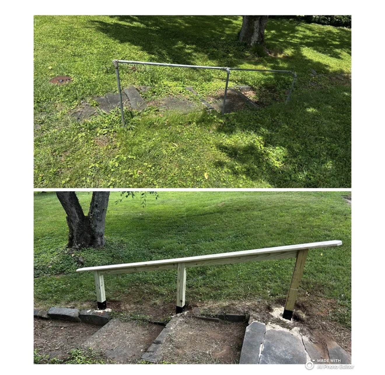 Before and after photos of a worn metal railing replaced with a new wooden handrail beside stone garden steps