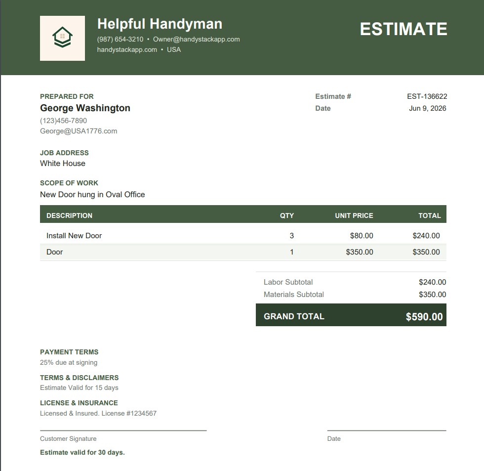Professional branded handyman estimate with line items, subtotals, and a grand total